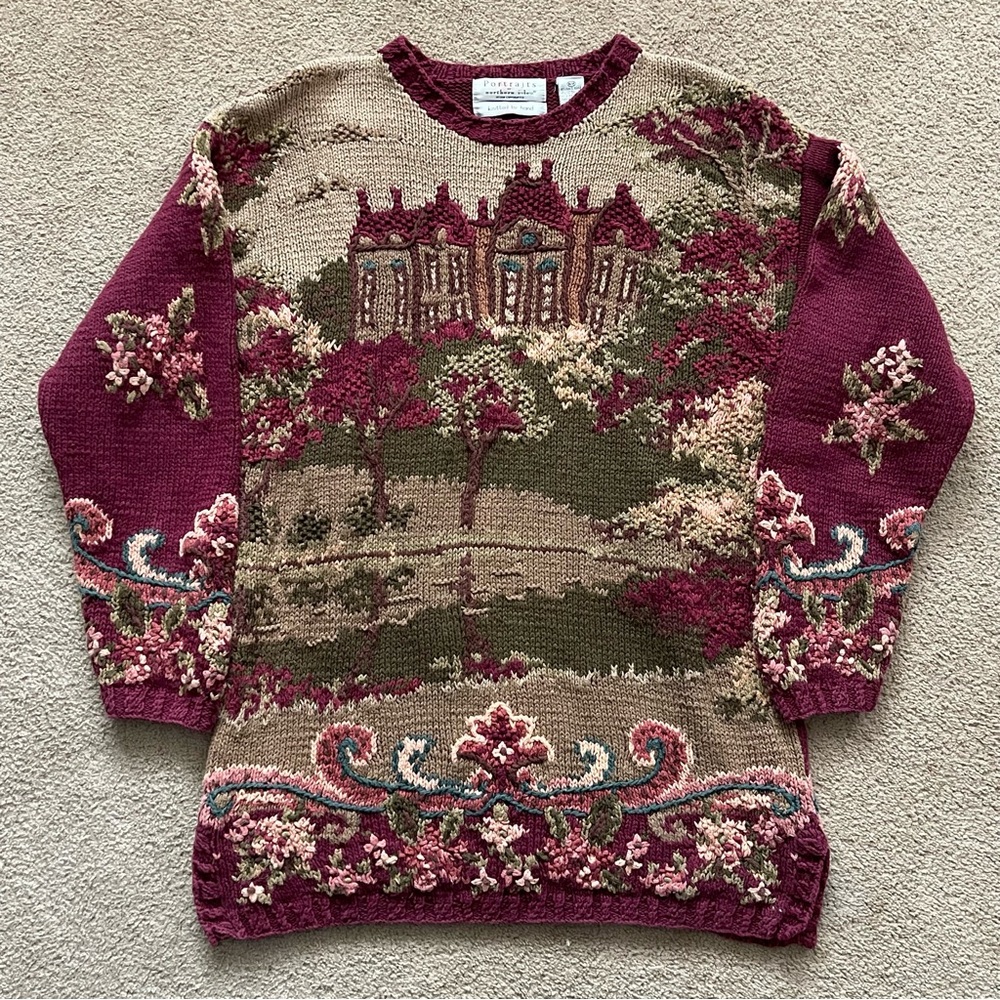 Vintage Portraits Northern Isles Hand Knit Sweater Forest Home Motif Sz Medium